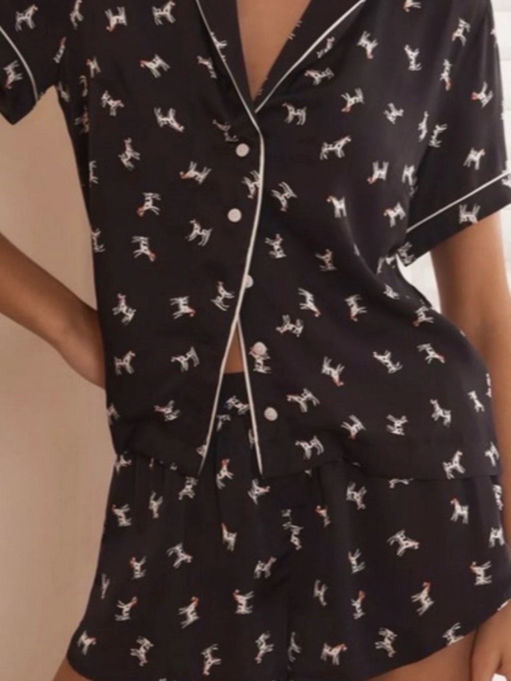 Anthropologie Silky Satin Pajama Sleep Short Set Black Spot Dog - Medium